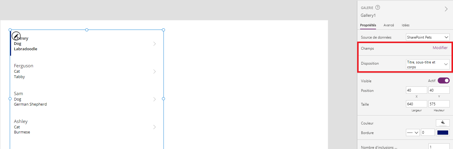 Capture d’écran de la galerie et du menu Propriétés affichant la valeur Titre, sous-titre et corps.
