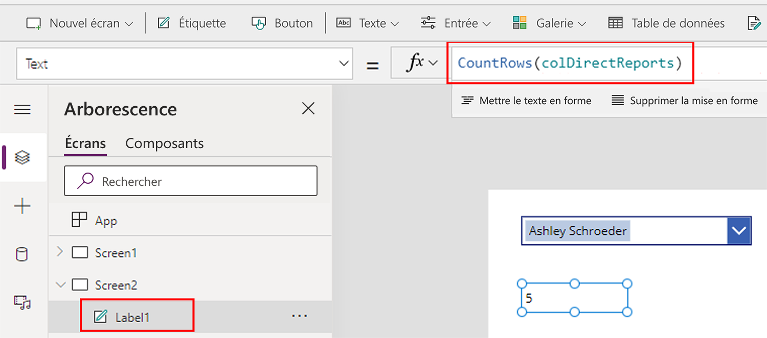 Capture d’écran d’un contrôle Libellé avec sa propriété Text définie.
