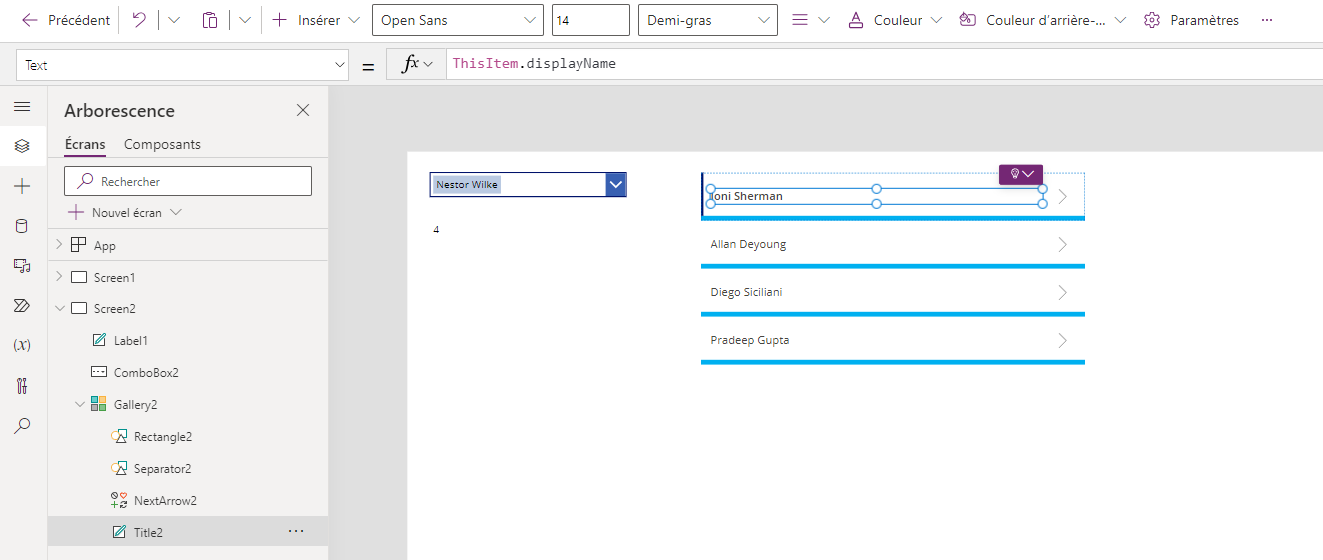 Capture d’écran de l’option Galerie verticale du menu Insérer avec sa propriété Items définie.