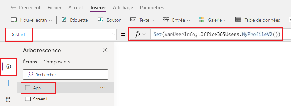 Capture d’écran de la propriété OnStart avec la formule affichée.