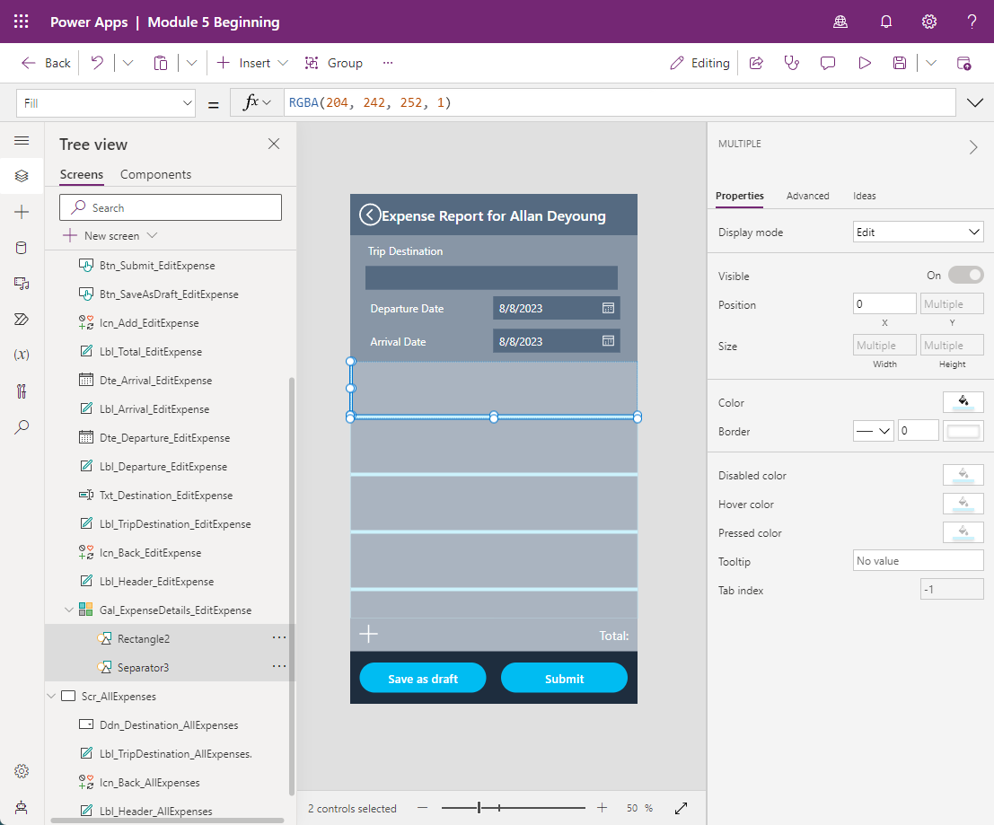 Capture d’écran de Power Apps avec la galerie illustrant les éléments vides après la suppression des libellés et des flèches droites.