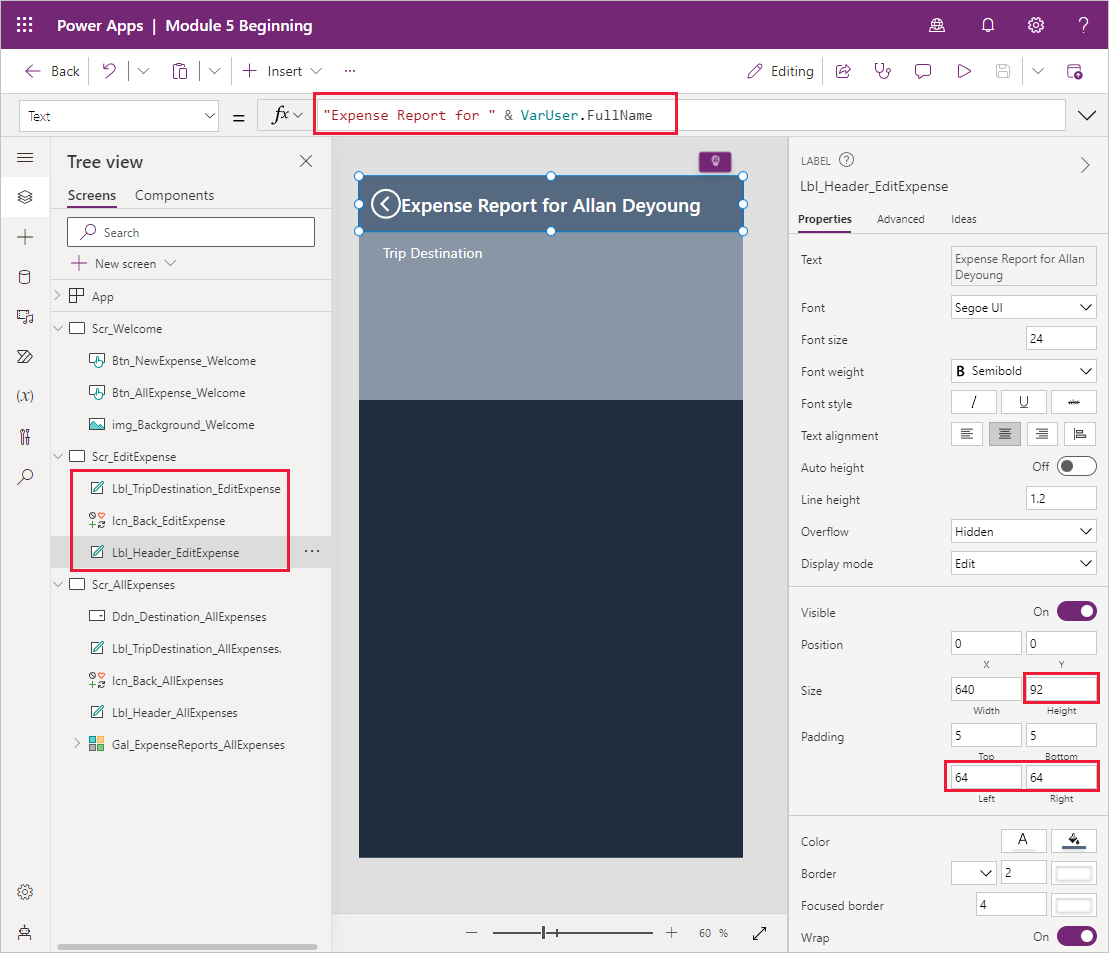Capture d’écran de la vue Insérer dans Microsoft Power Apps, avec le libellé sélectionné.