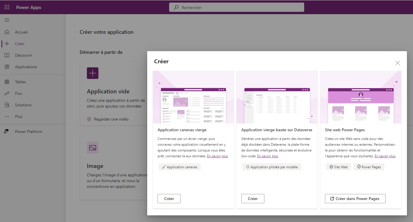 Capture d’écran de la sélection Applications, +&nbsp;Nouvelle application et Canevas avec Canevas mis en évidence.