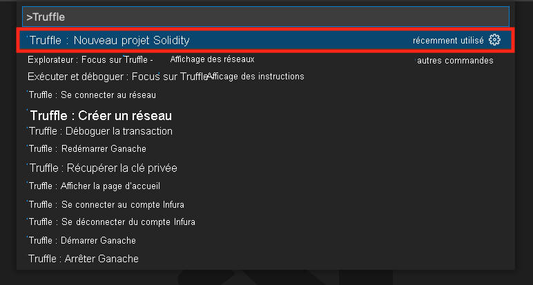 Screenshot showing how to create a new Solidity project in Visual Studio Code.