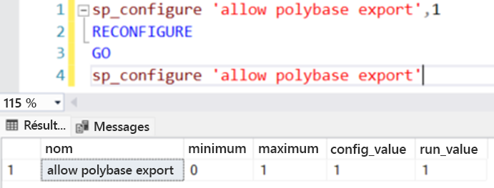 Capture d’écran de la configuration de l’option permettant d’autoriser l’exportation PolyBase.
