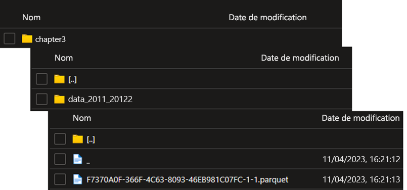 Capture d’écran du portail Azure montrant le fichier Parquet dans Azure Storage.
