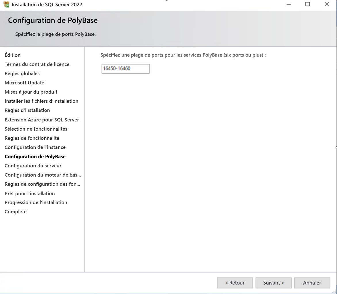 Image de l’exécutable de configuration de SQL Server montrant la configuration de la plage de ports PolyBase.