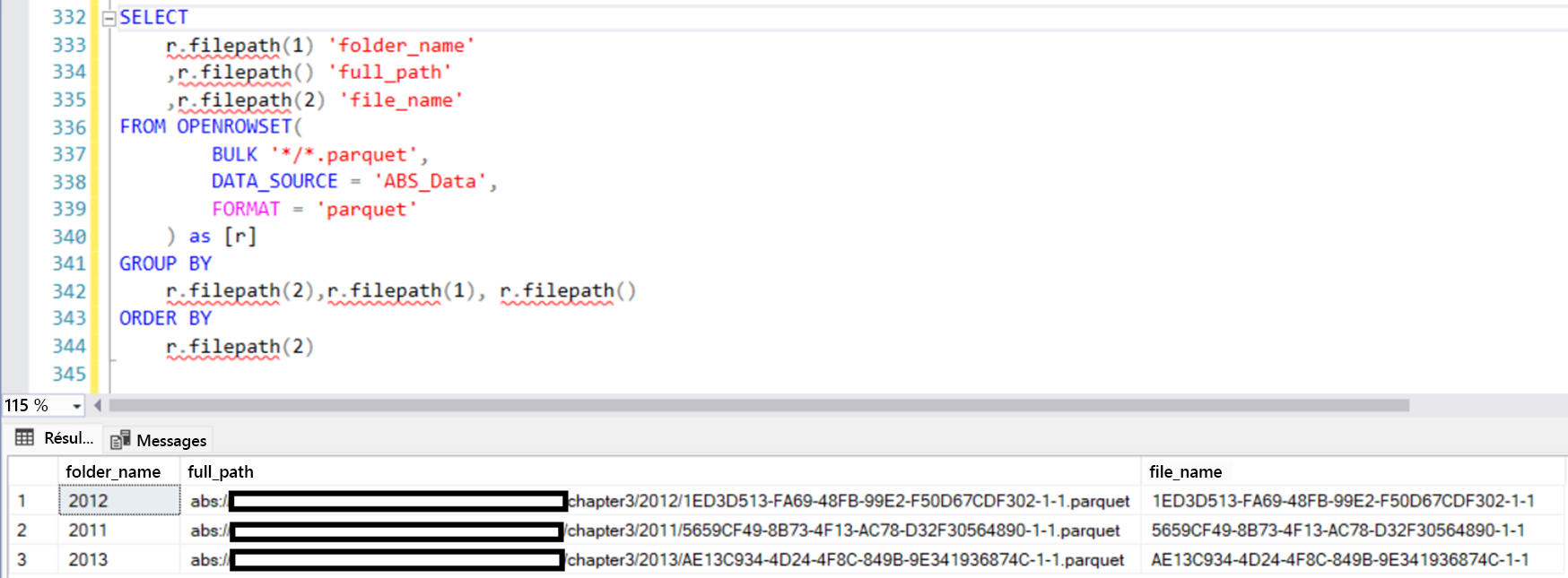 Capture d’écran de SSMS montrant la fonction filepath.