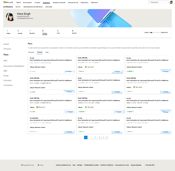 Capture d’écran de la section Plans dans le profil utilisateur Learn montrant les plans terminés pour un utilisateur via l’onglet « Terminé » dans l’écran Plans.