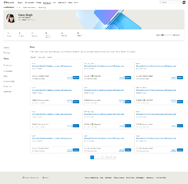Capture d’écran de la section Plans dans le profil utilisateur Learn montrant Les plans démarrés pour un utilisateur via l’onglet « Démarré » dans l’écran Plans.