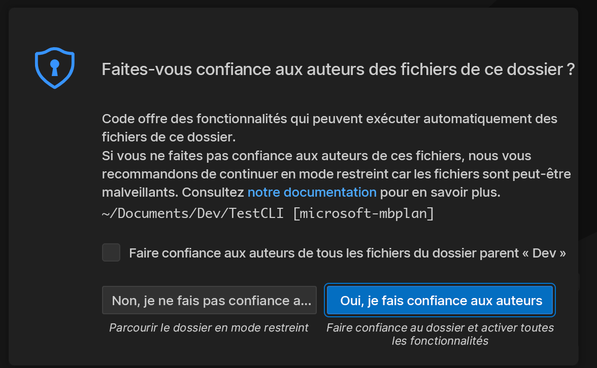 Capture d’écran de l’invite Oui, j’ai confiance dans les auteurs.