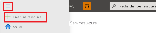 Capture d’écran montrant l’action Créer une ressource dans le menu du portail Azure.