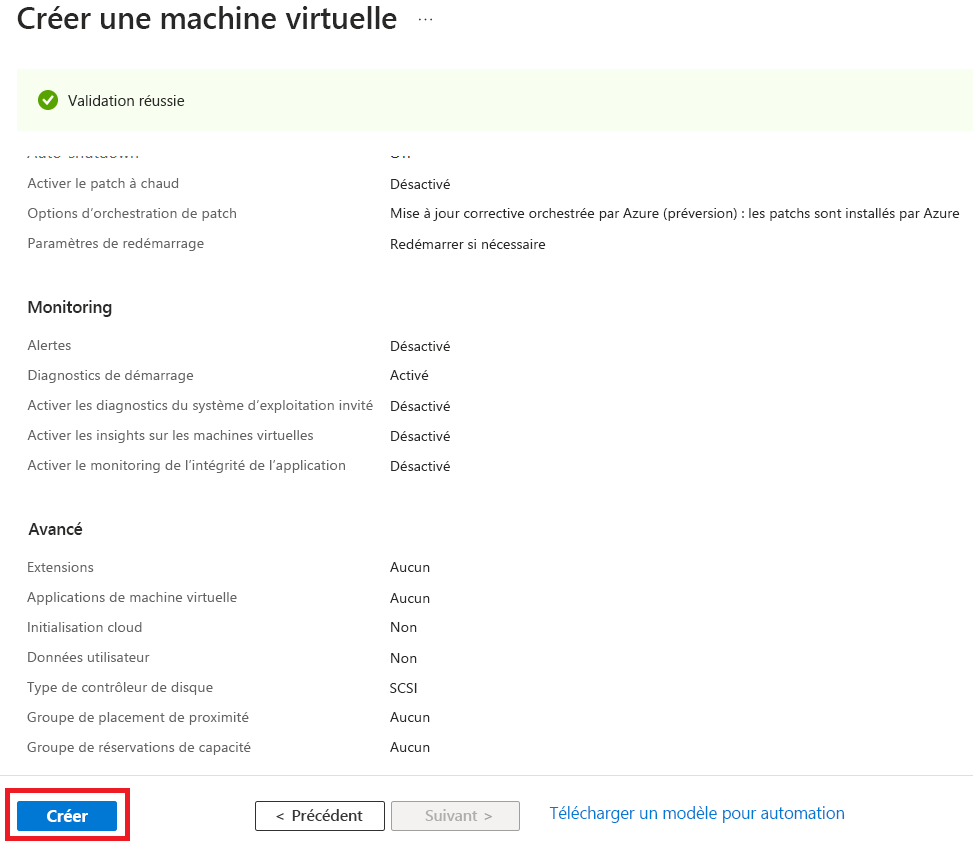 Capture d’écran mettant en évidence l’action Créer pour la machine virtuelle validée.