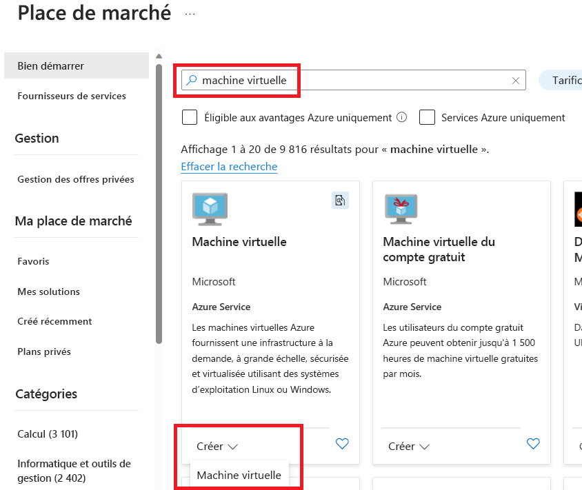 Capture d’écran mettant en évidence comment rechercher et créer une ressource de machine virtuelle dans le portail Azure.