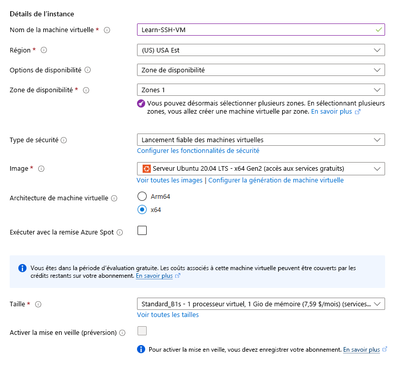 Capture d’écran montrant les détails de la machine virtuelle Azure à créer.