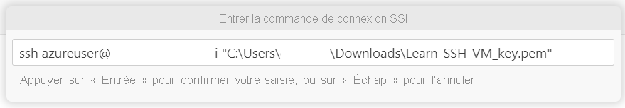 Capture d’écran montrant la commande de connexion SSH pour la connexion à l’hôte.