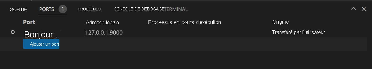 Capture d’écran montrant la fonctionnalité de transfert de port dans Visual Studio Code.