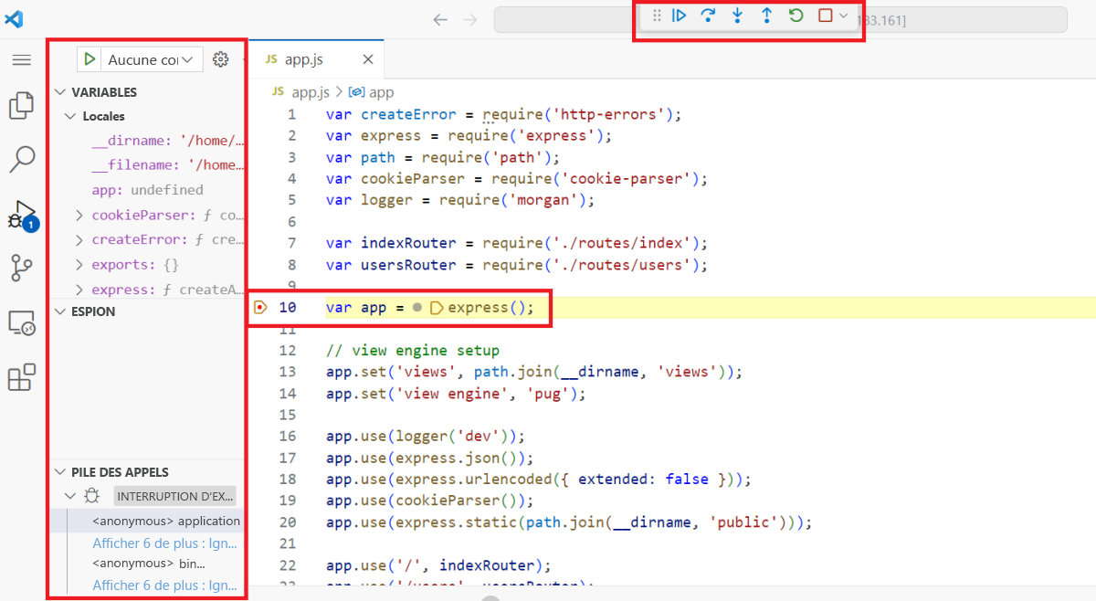 Capture d’écran mettant en évidence différentes parties de l’expérience de débogage.