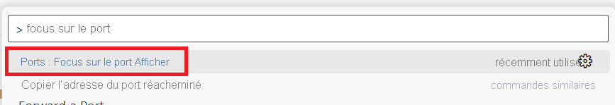 Capture d’écran montrant la commande Focus on Ports View dans la palette de commandes.