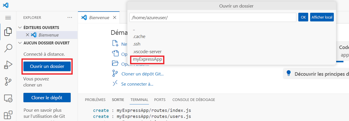 Capture d’écran montrant l’ouverture du dossier myExpressApp.