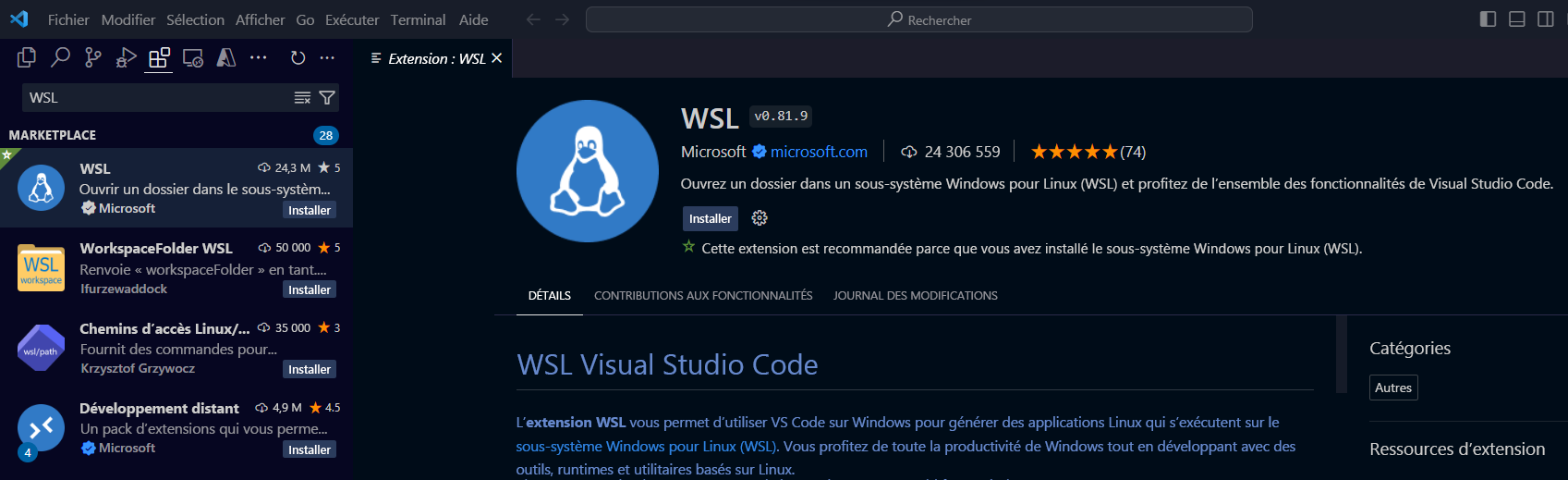 Capture d’écran du volet Extensions de Visual Studio Code montrant l’extension WSL.