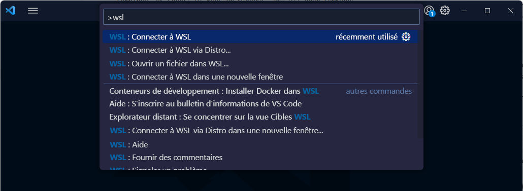 Capture d’écran de la commande Se connecter à WSL dans Visual Studio Code.