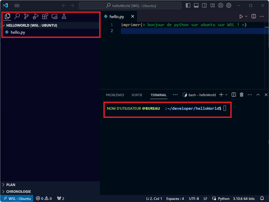 Capture d’écran d’un projet Python ouvert dans Visual Studio Code avec WSL.