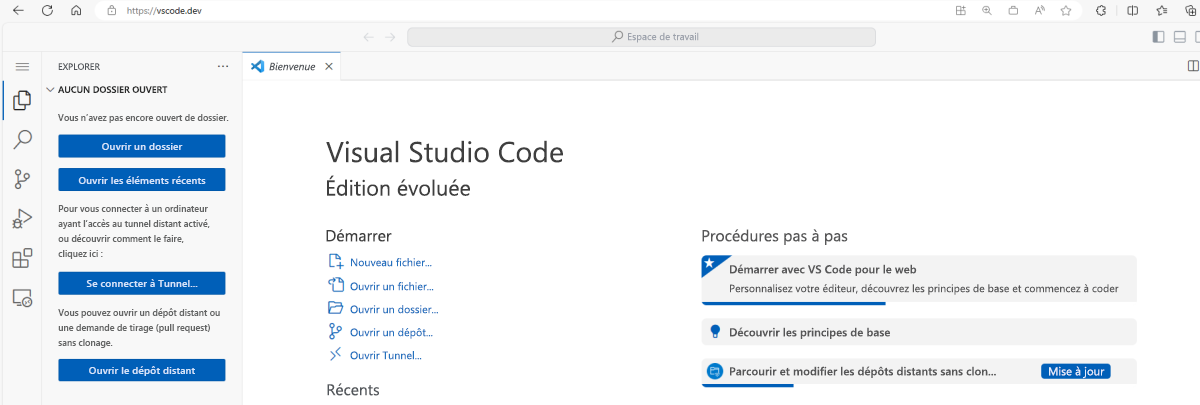 Capture d’écran de la page d’accueil vscode.dev.