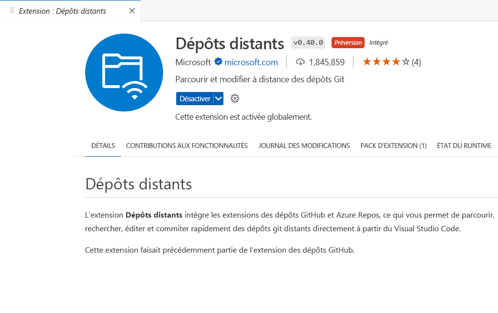 Capture d’écran de l’extension Référentiels distants dans VS Code.