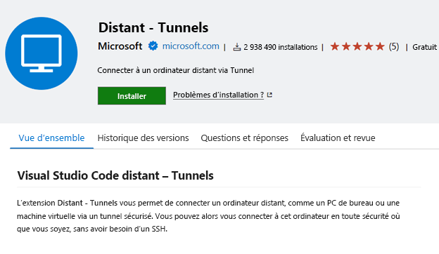 Capture d’écran montrant l’extension VS Code à distance : Tunnels.