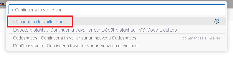 Capture d’écran montrant la procédure Continuer à travailler... commande dans la palette de commandes de VS Code pour le web.