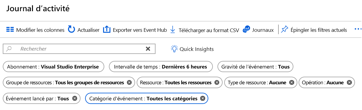 Capture d’écran montrant les options de filtre pour les journaux d’activité dans le portail Azure.