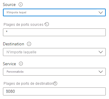 Capture d’écran montrant comment configurer les paramètres source et de destination pour créer une règle de sécurité dans le portail Azure.