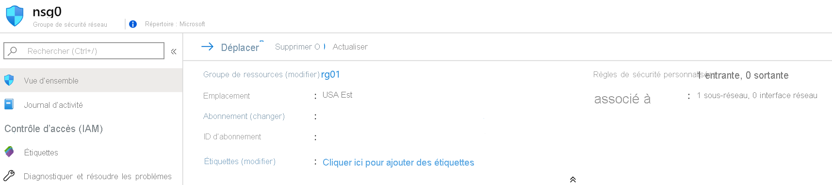 Capture d’écran de la page vue d’ensemble du groupe de sécurité réseau.