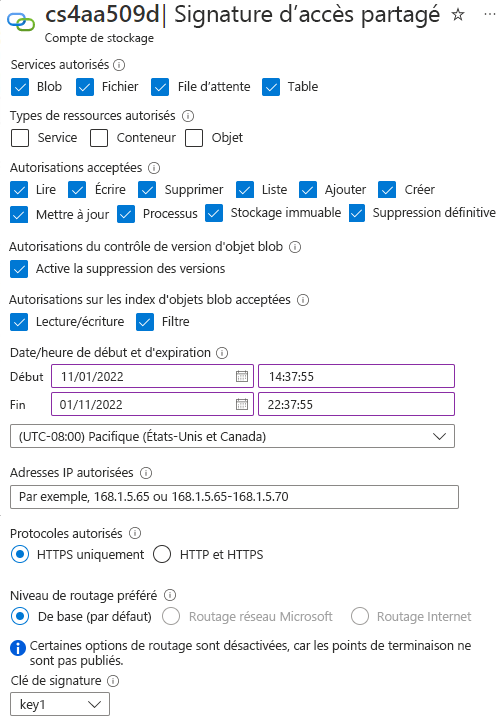 Screenshot of the Create a shared access signature key page.