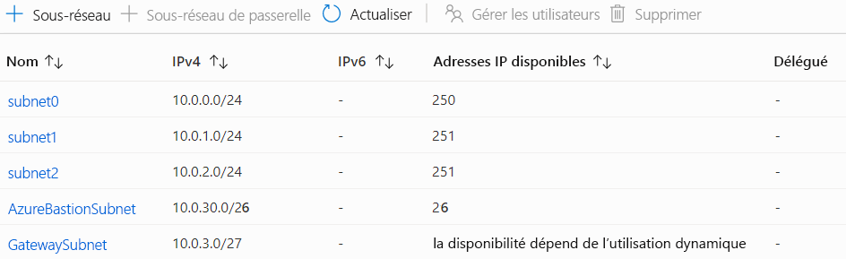 Screenshot that shows multiple subnets for a virtual network in the Azure portal.