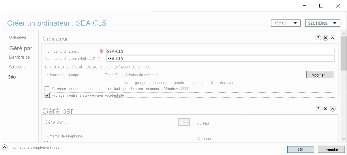Capture d’écran de la boîte de dialogue Créer un ordinateur&nbsp;: SEA-CL5 dans le Centre d’administration Active Directory.