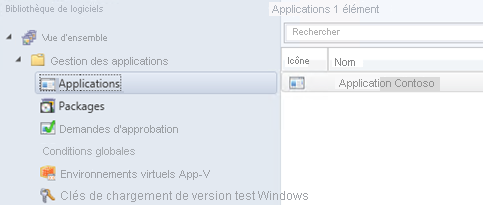 Screenshot of Application Management folder, with the sample Contoso application listed in the Applications group.