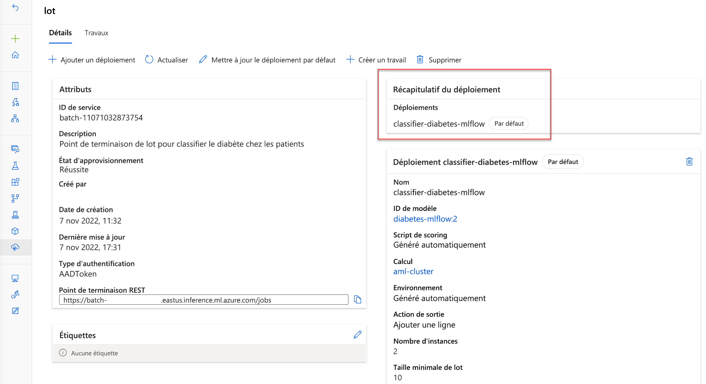 Screenshot of details page of a batch endpoint, showing the default deployment.