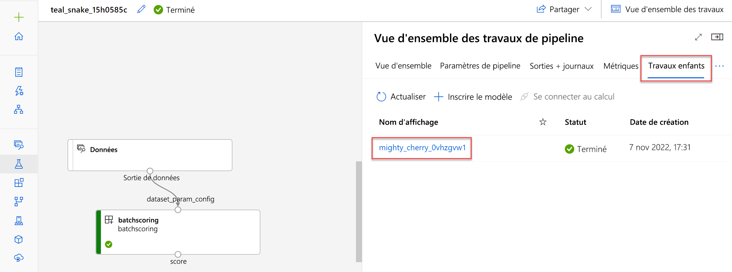 Capture d’écran du travail enfant dans la vue d’ensemble du travail de pipeline.