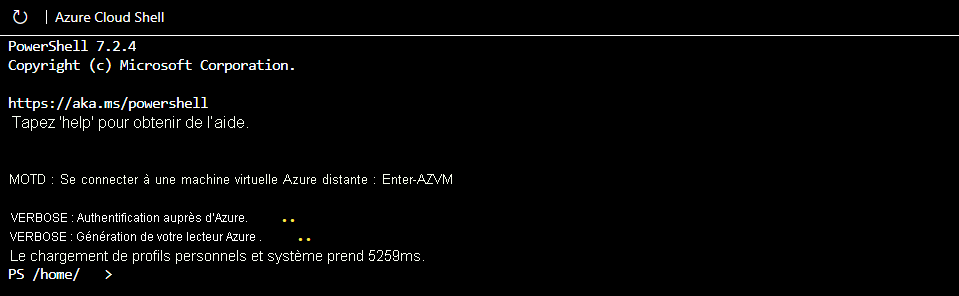 Capture d’écran de l’interface CLI Azure PowerShell au lancement initial.