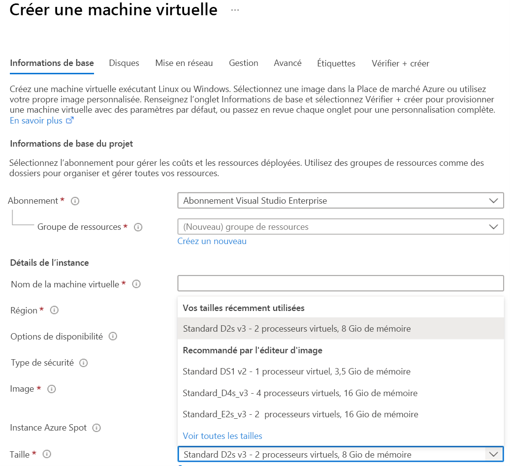 Screenshot of Azure virtual machine settings showing the virtual machine size options.