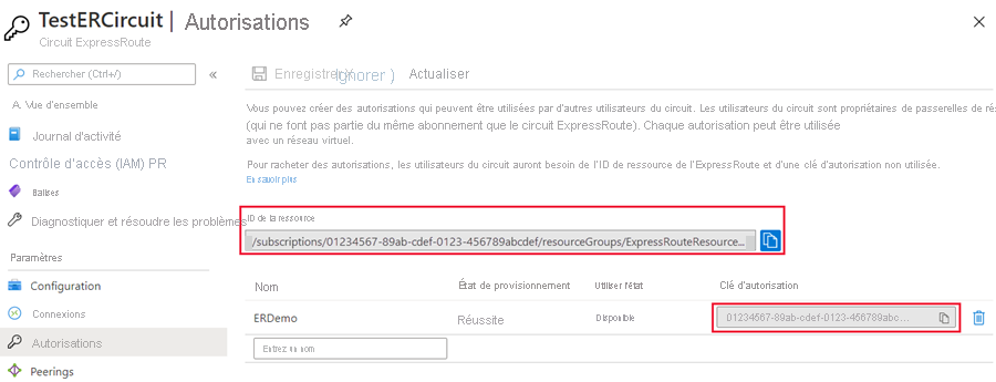 Azure portal - configure authorization showing resource Id and Authorization key