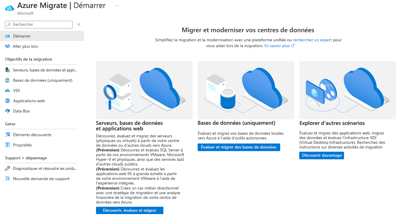 Screenshot that shows Azure Migrate: Discovery and assessment tools.