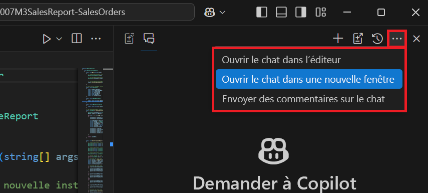 Screenshot affichant la vue de chat répondant à une question dans Visual Studio Code.