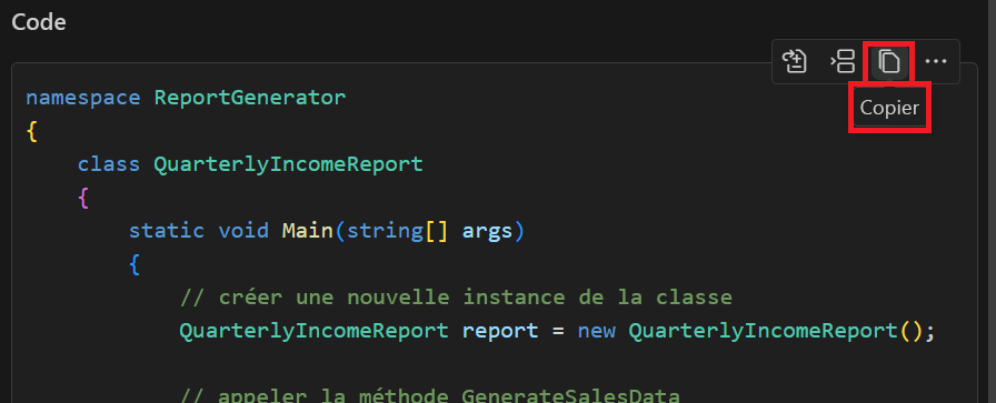 Capture d’écran montrant un bloc de code dans la vue Conversation.