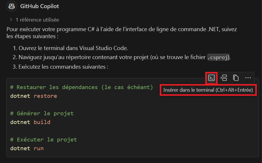 Capture d’écran montrant l’option Insérer dans le terminal dans la vue Conversation.