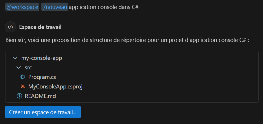 Capture d’écran montrant la conversation utilisée pour générer une structure d’une application console.