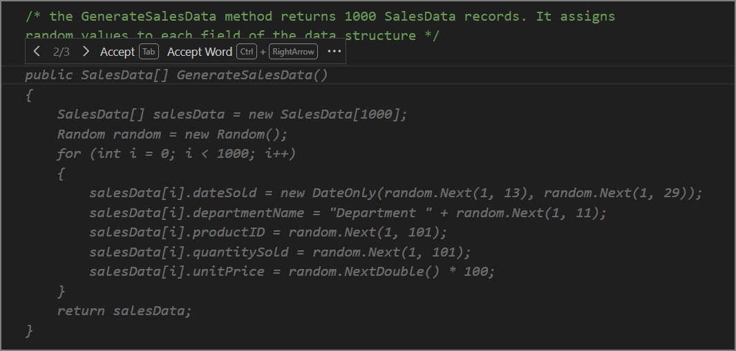 Capture d’écran montrant la complétion du code pour un commentaire qui décrit une méthode.