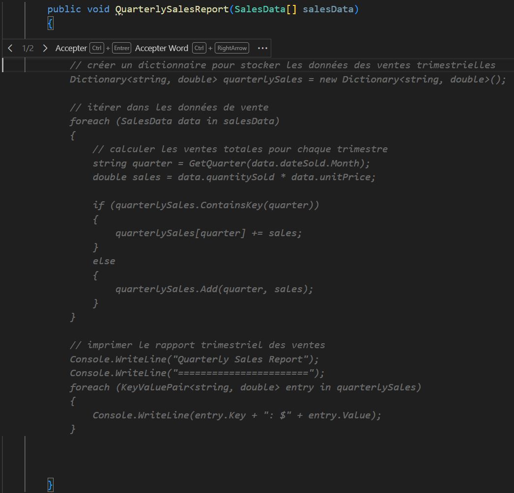 Capture d’écran montrant une suggestion de complétion de code qui traite les données pour un rapport.